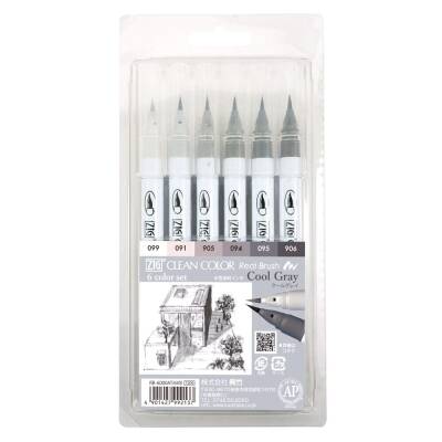 Zig Clean Color Real Brush Fırça Uçlu Marker Kalem 099 Cool Gray 6'lı Set